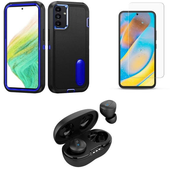 BD Combo Bundle Case for Samsung Galaxy A54 5G Case - (Black/Blue) Tough Rugged Protector Stand Cover with Screen Protectors, Premium Wireless Earbuds, TWS with Charging Case