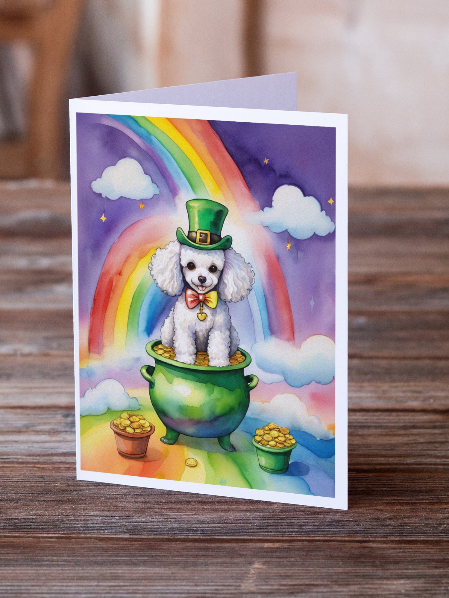 White Poodle St Patrick's Day Greeting Cards Pack of 8 7 in x 5 in