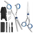 thumbnail image 2 of Kit de 10 tijeras para cortar el pelo, peines y capa de acero inoxidable para peluquería, color azul, 2 of 12