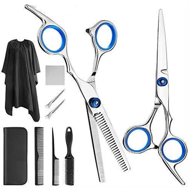 Juego de 10 tijeras para cortar el pelo, peines, capa de acero inoxidable, tijeras de peluquería, juego de tijeras azules
