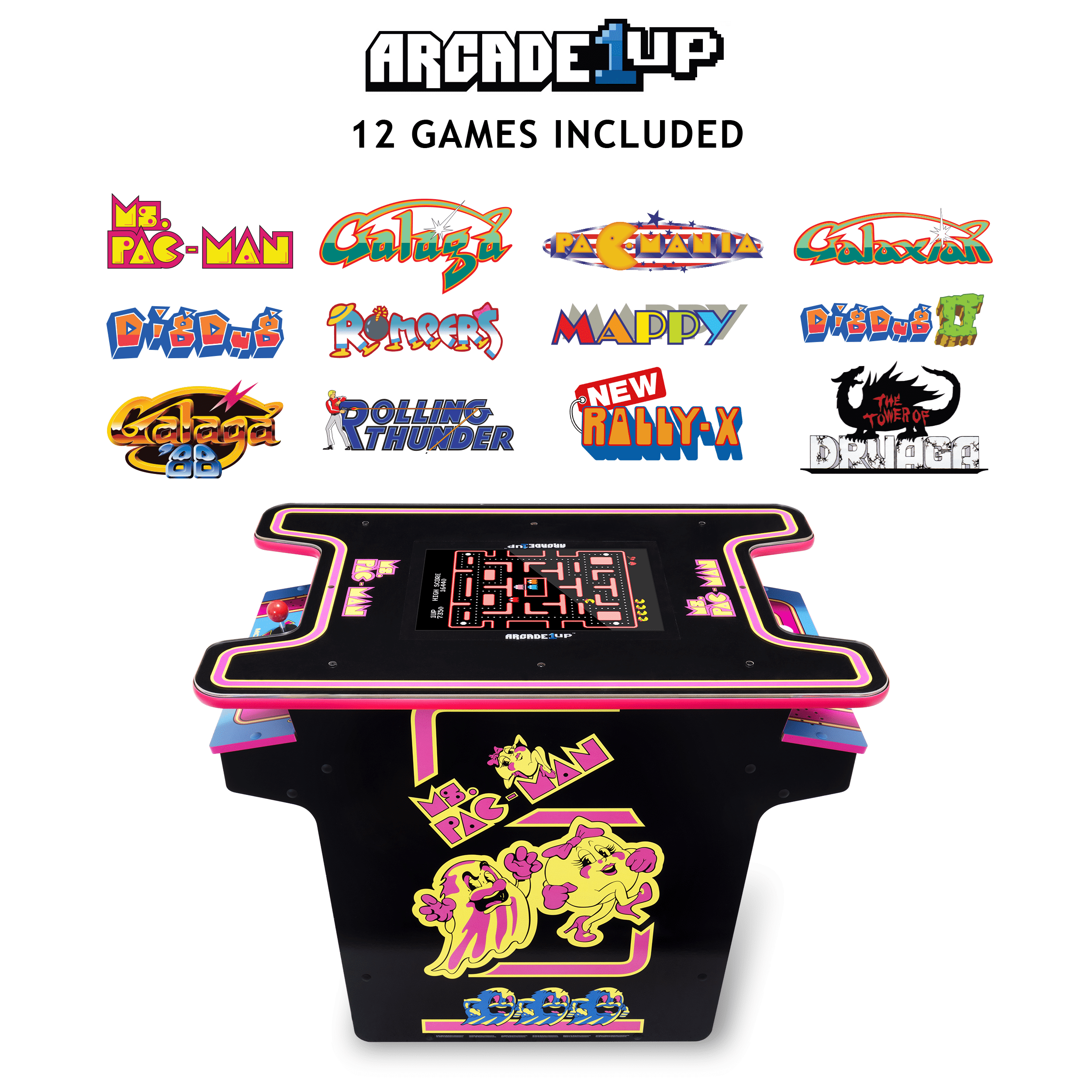 Machine d’Arcade Face-à-Face Ms. PAC-MAN Arcade1Up – Table de Jeu Rétro pour la Maison avec 12 Jeux Classiques, Plateau Lumineux et Joysticks Authentiques