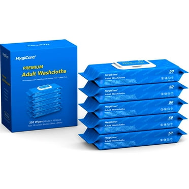 HygiCare Adult Washcloths Wet Wipe, 250ct (5 Packs), Rinse Free, Fresh Scent, Enriched with Aloe & Vitamin E, Perfect for Travel, Gym, Incontinence & Cleansing
