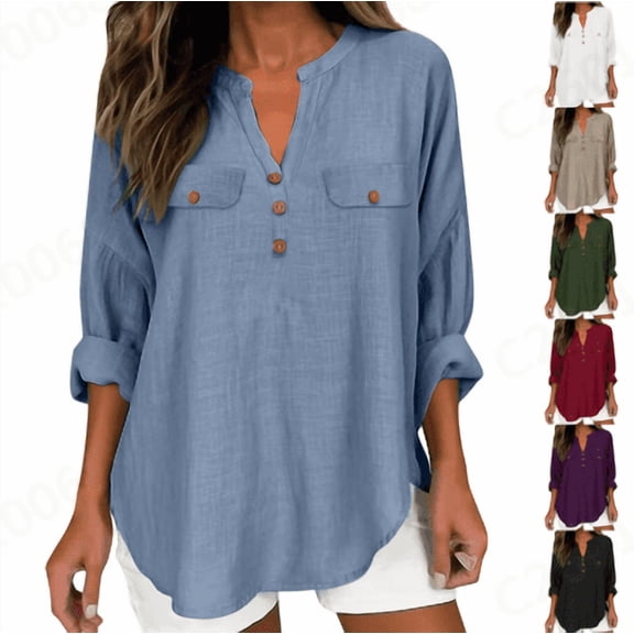 Paiwinds Women's Linen V-Neck Top with 3/4 Sleeves, Casual Loose Fit Button Front Blouse with Pockets, Solid Color Summer Tunic for Ladies