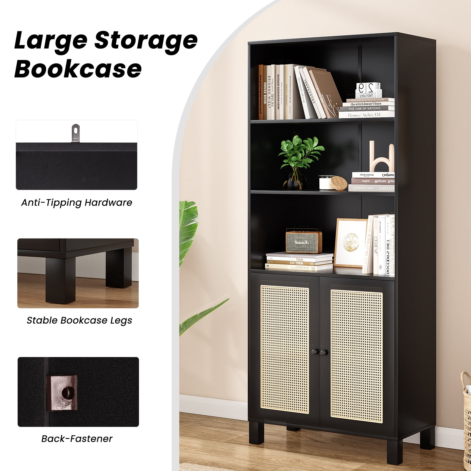 Aukfa Tall Storage Cabinet with Rattan Doors, 5-Tier Wooden Bookcase, Farmhouse Multi-Purpose Cabinet for Living Room,Black