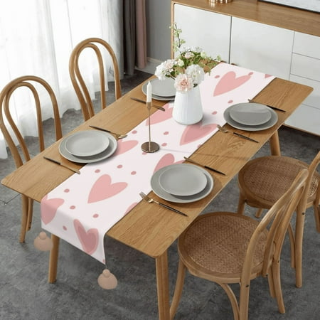 

Print Lovely Hearts Pattern Table Runner Imitation Linen Table Runner With Khaki Tassels For Party And Dining Room 14 x 60