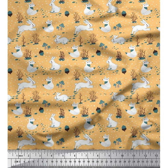 Soimoi Orange Cotton Voile Fabric Mushroom,Oaknut & Rabbit Animal Printed Craft Fabric by The Yard 56 Inch Wide