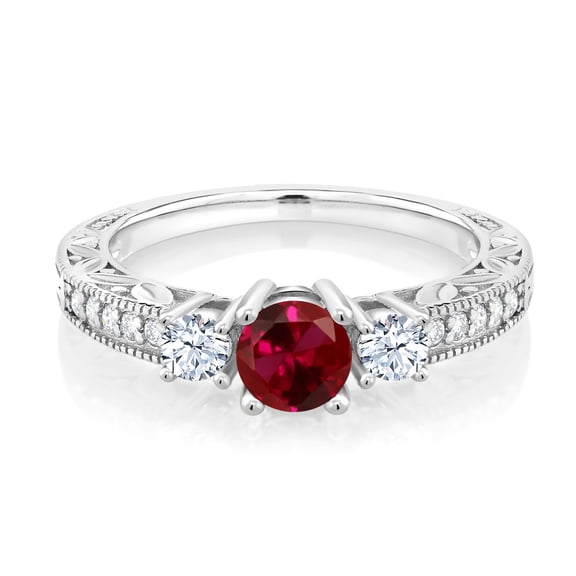 Gem Stone King 925 Sterling Silver Round Red Created Ruby Ring for Women (1.35 Cttw, Size 8)