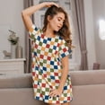 thumbnail image 3 of Balery Floral Checkerboard Camisón de manga corta con cuello redondo para mujer, cómodo y elegante., 3 of 6