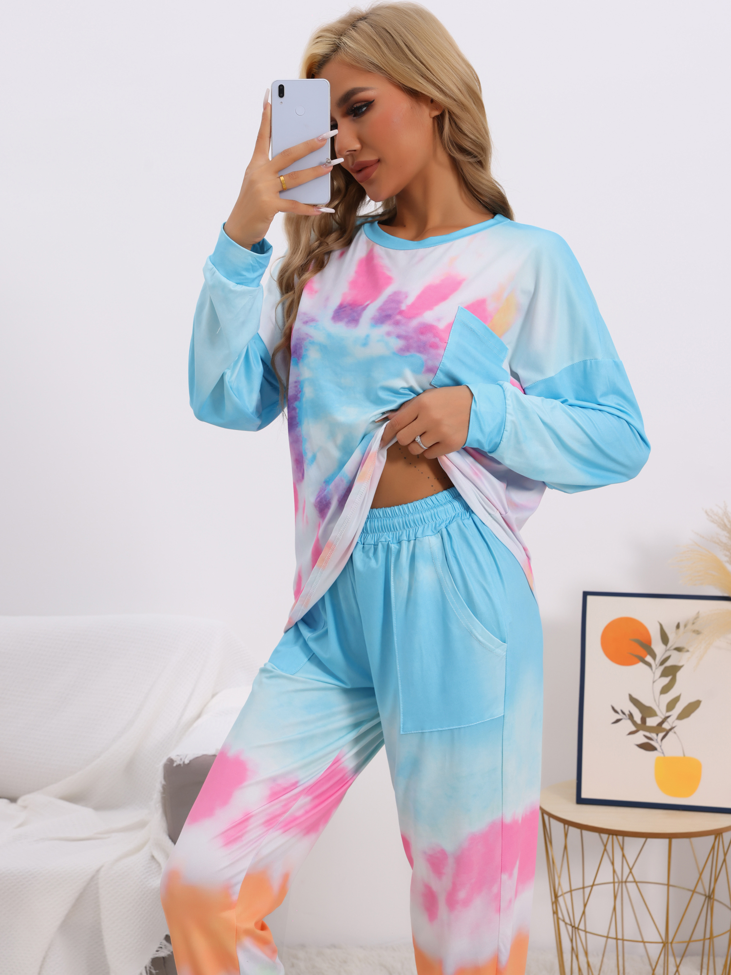 DARING DIVA Women's Tie Dye Long Sleeve Front Pocket Pajamas Set XL Blue