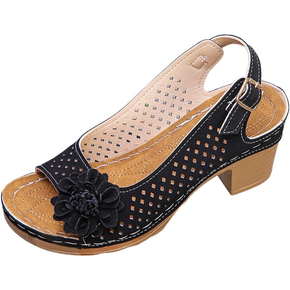 Women's Chunky High Block Heels Flowers Sandals 2026 Summer Casual Peep Open Toe Ankle Strap Hollow Out Platform Wedge Sandal Party Dress Wedding Dance Shoes
