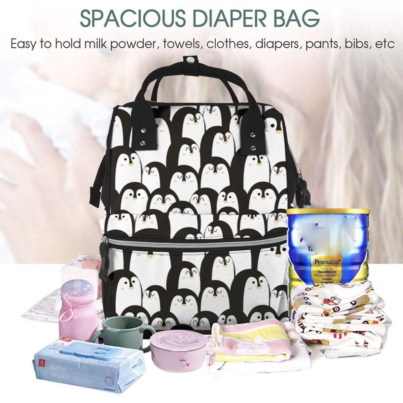 Ratiio Cartoon Penguin Mummy Backpack - Waterproof Twill Canvas, Large Capacity Diaper Bag with Multiple Pockets and Adjustable Straps