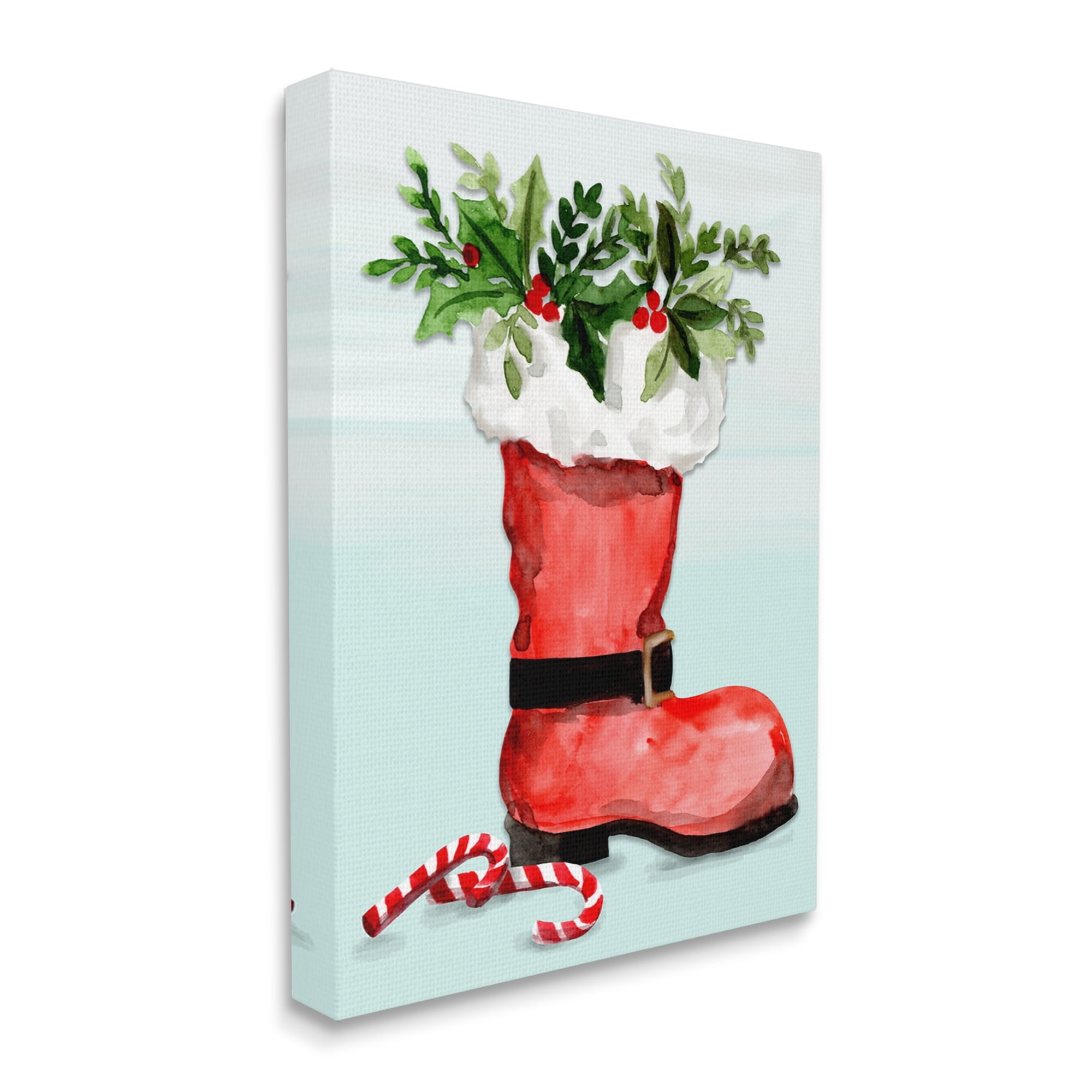 Red Santa Boot Holly Botanical Bouquet Candy Canes Botanical & Floral Painting Gallery-Wrapped Canvas Print Wall Art