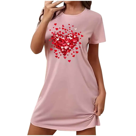 Stamzod Valentines Night Gowns for Adult Women Summer Short Sleeve Soft Pajama Dress Lover Heart Casual Loose Nightgowns for Women Pink B M