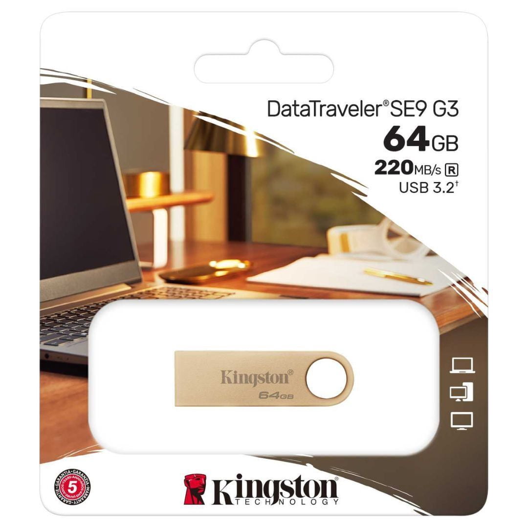 Kingston DataTraveler SE9 G3 64GB USB 3.2 (Gen 1) Type A Flash Drive - 64 GB - USB 3.1 (Gen 1) Type A - 220 MB/s Read Speed - 100 MB/s Write Speed - Gold