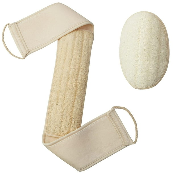 Esponja exfoliante de espalda con esponja vegetal para baño y ducha, almohadilla corporal de esponja vegetal con correas, esponja vegetal 100 % natural, exfoliante corporal y facial, juego de 2 piezas