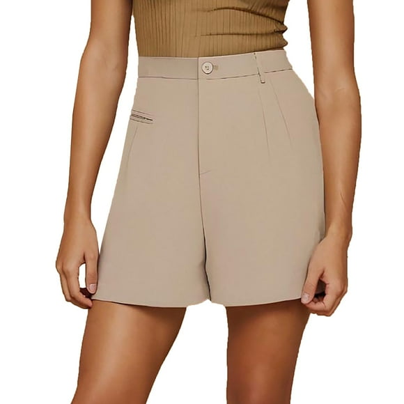 WoMen's Dressy Casual Shorts High Waisted Pleated Tailored Elastic Waist Trouser Trendy Summer formal Shorts With Pockets Khaki
