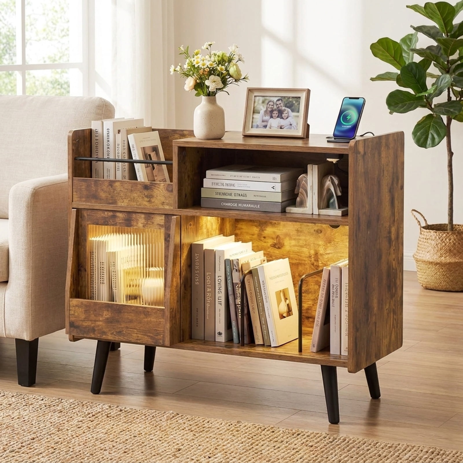 Furnibear Record Player Stand with RGB LED Light Power Outlets USB Type-C Ports and Sliding Glass Door for Living Room, Rustic Brown