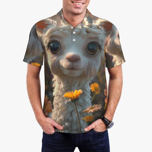 Fotbe Adorable Llama In Flowers Camiseta Polo de Golf para Hombre con Estampado – Camisa Deportiva Transpirable con Cuello Abotonado-Medium