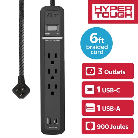 Hyper Tough 3-Outlet Power Strip with USB-A & USB-C, 6 Ft Extension Cord, Black
