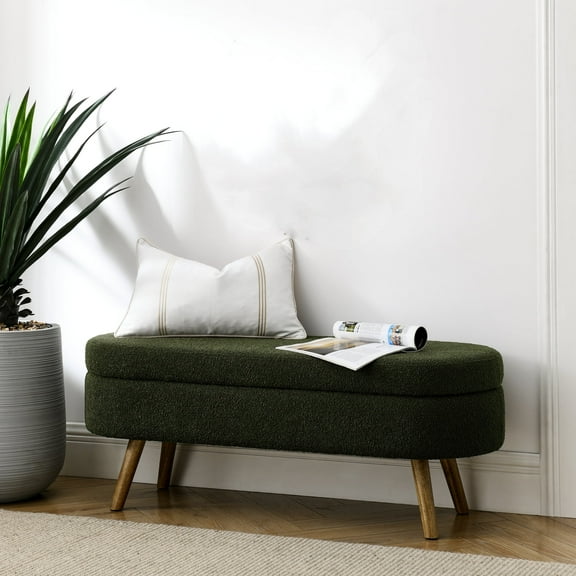 Cterwk Oval Storage Ottoman with Wood Legs, Upholstered Storage Bench for Living Room, Bedroom, Green