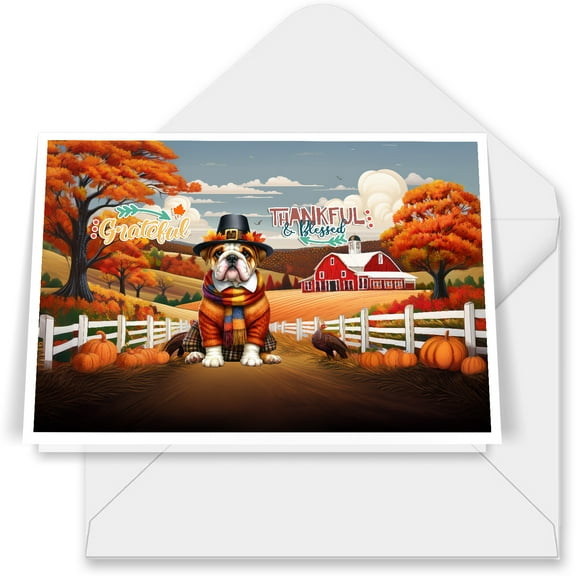 Thanksgiving Bulldog Pilgrim Grateful, Thankful, Blessed Fall Welcome 7x5in Folded Greeting Card Dog Lover Gifts Idea Single Note Card with Envelope - 00021