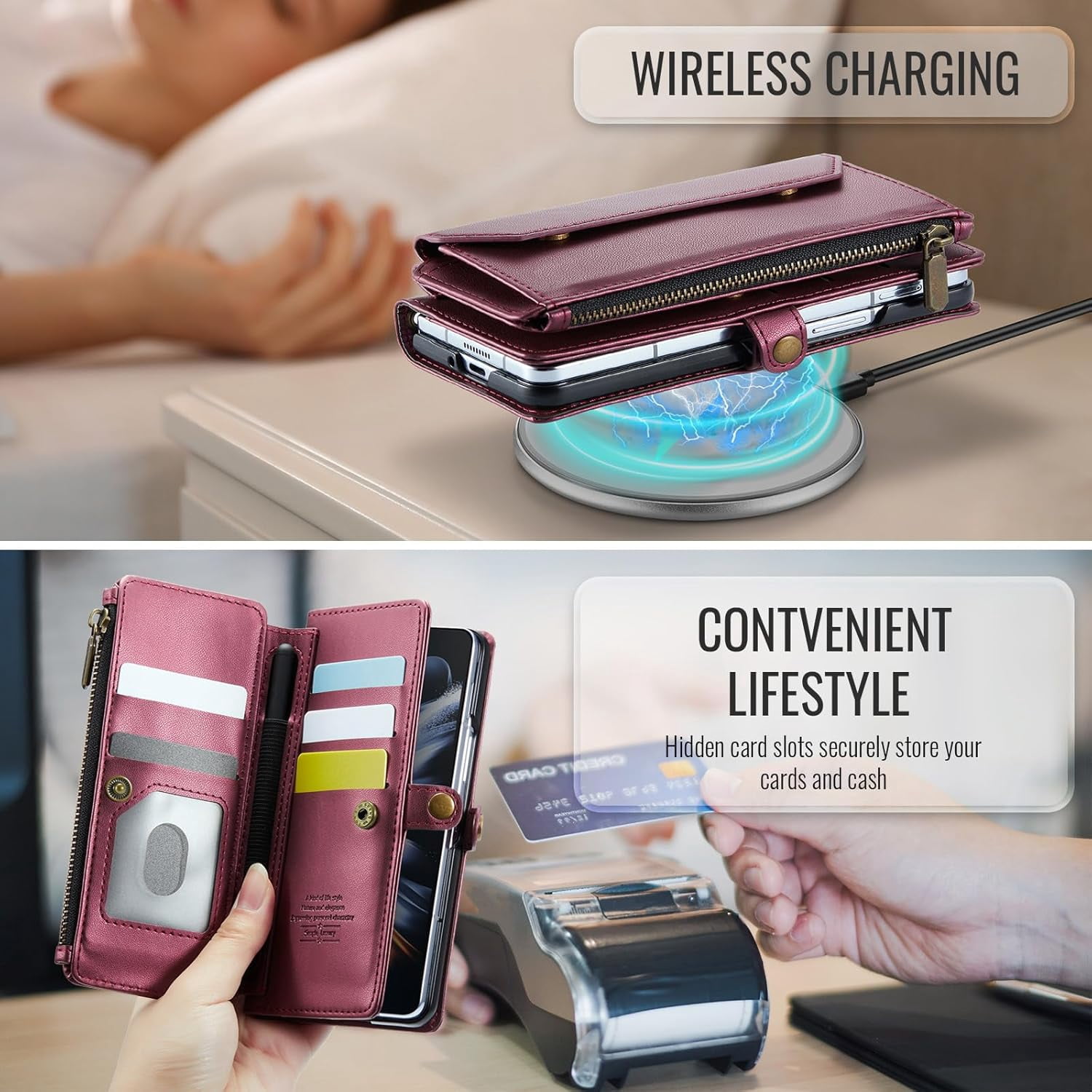 Phone Case for Samsung Galaxy Z Fold 4 5G 2022 Zipper Wallet Cover with S Pen and Leather Flip RFID Blocking Card Holder Stand Cell Accessories ZFold4 Z4 Fold4 4Z ZFold45G Women Girls Wine Red