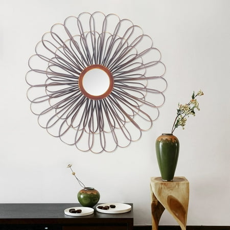 Ribbon Mirror - Adeco Ribbon Flower Rose Silver-tone Metal Wall Mirror