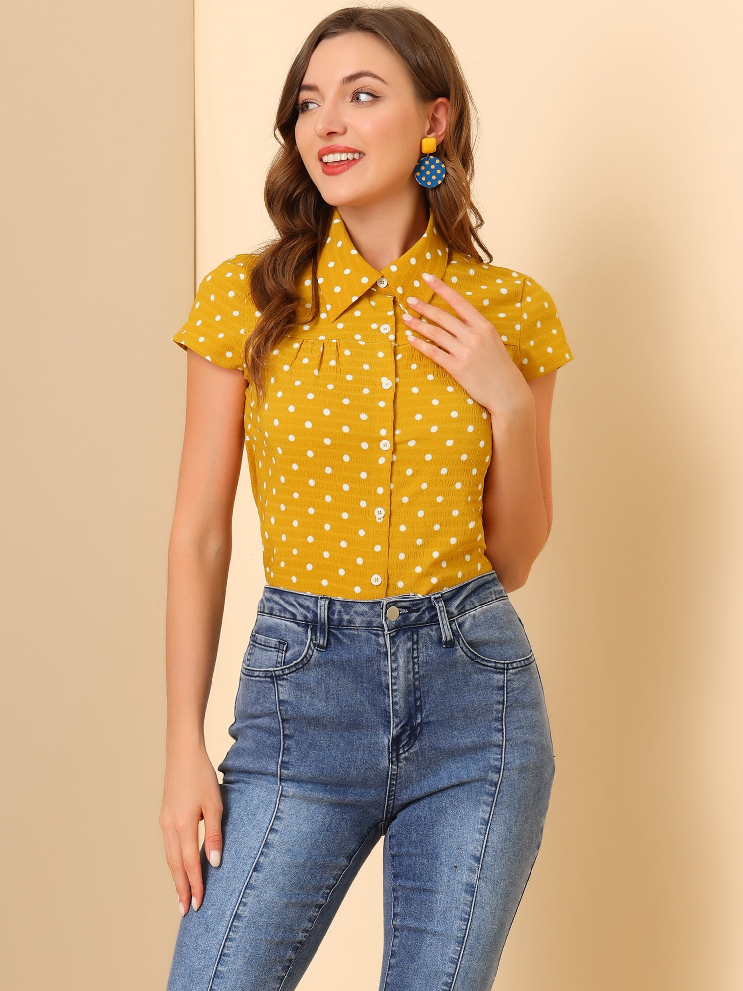 DARING DIVA Women's Retro Point Collar Short Sleeve Polka Dots Shirts 3XL Yellow