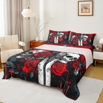 Manfei Gothic Skull Twin Sheet Set,Romantic Rose,Red Floral,3-Piece Microfiber