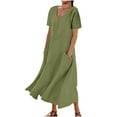 thumbnail image 2 of Jacenvly New Formal Dresses for Women Solid Color Short Sleeved Cotton Linen Dress Long Skirt Quick Drying Trendy Beach Dresses for Women 2024 Vacation Army Green, 2 of 6