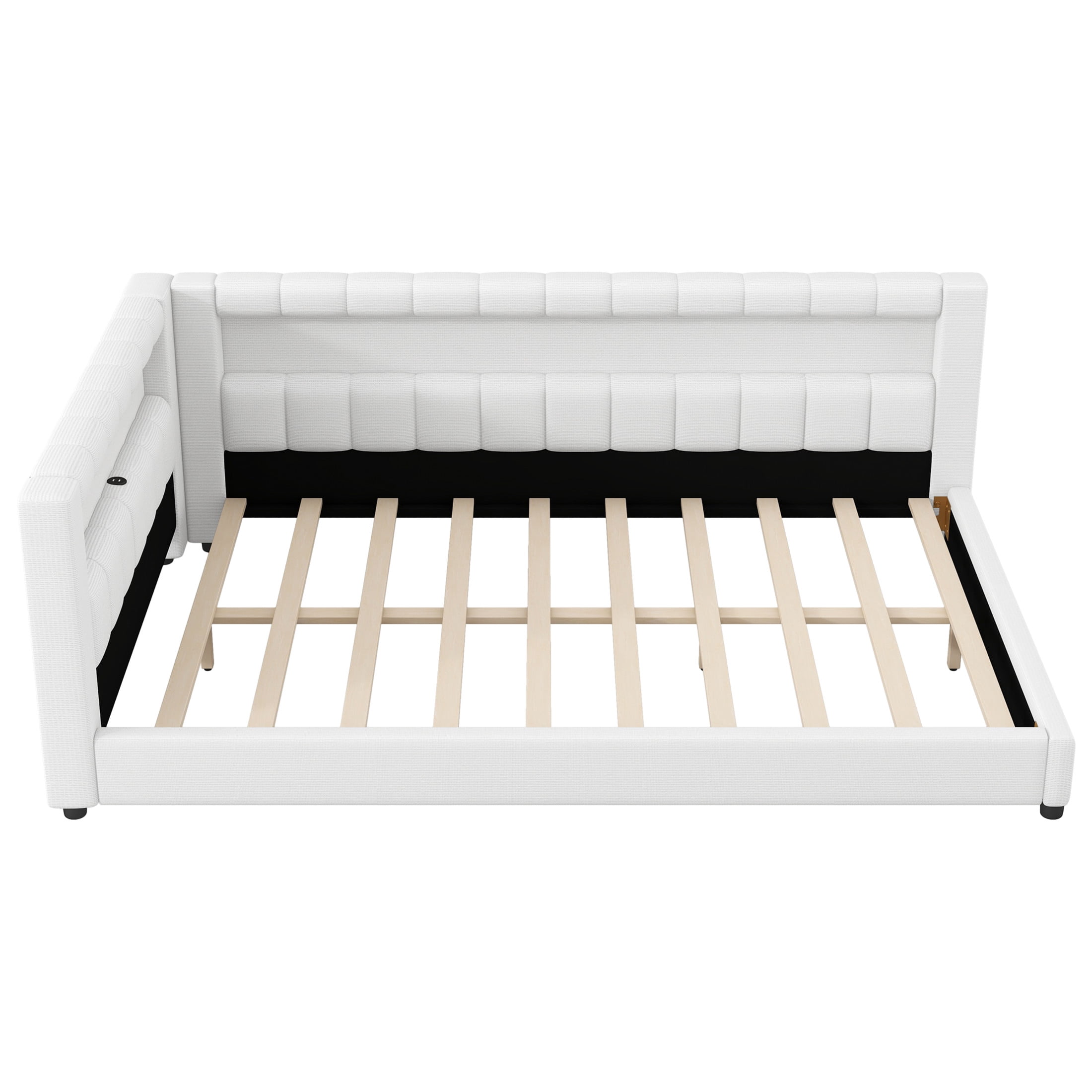 Noble House Dexter Full XL Linen Upholstered Platform Bed with LED Light Belt and USB Ports, Wood Frame, Cream White