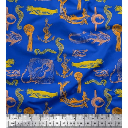 Soimoi Moss Georgette Fabric Walrus Anchor Hook & Ray Fish Ocean Print Fabric by The Yard 42 Inch Wide