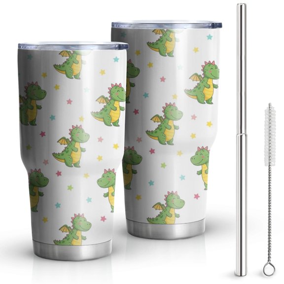 30oz Cute Dragon Pattern with Stars Tumblers Stainless Steel Tumbler with Lid and Straw,Vacuum Insulated Double Wall Travel Tumbler Cups Mug with Cleaning Brush for Coffee,Tea