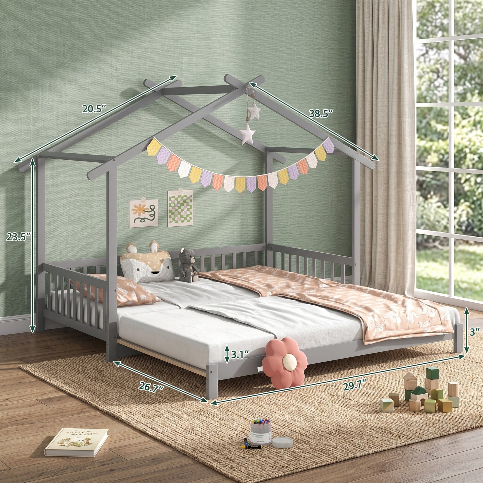 Furnibear Extendable House Bed Twin to King Size Daybed with Roof Frame and Fence Rails for Kids and Shared Bedroom, Gray