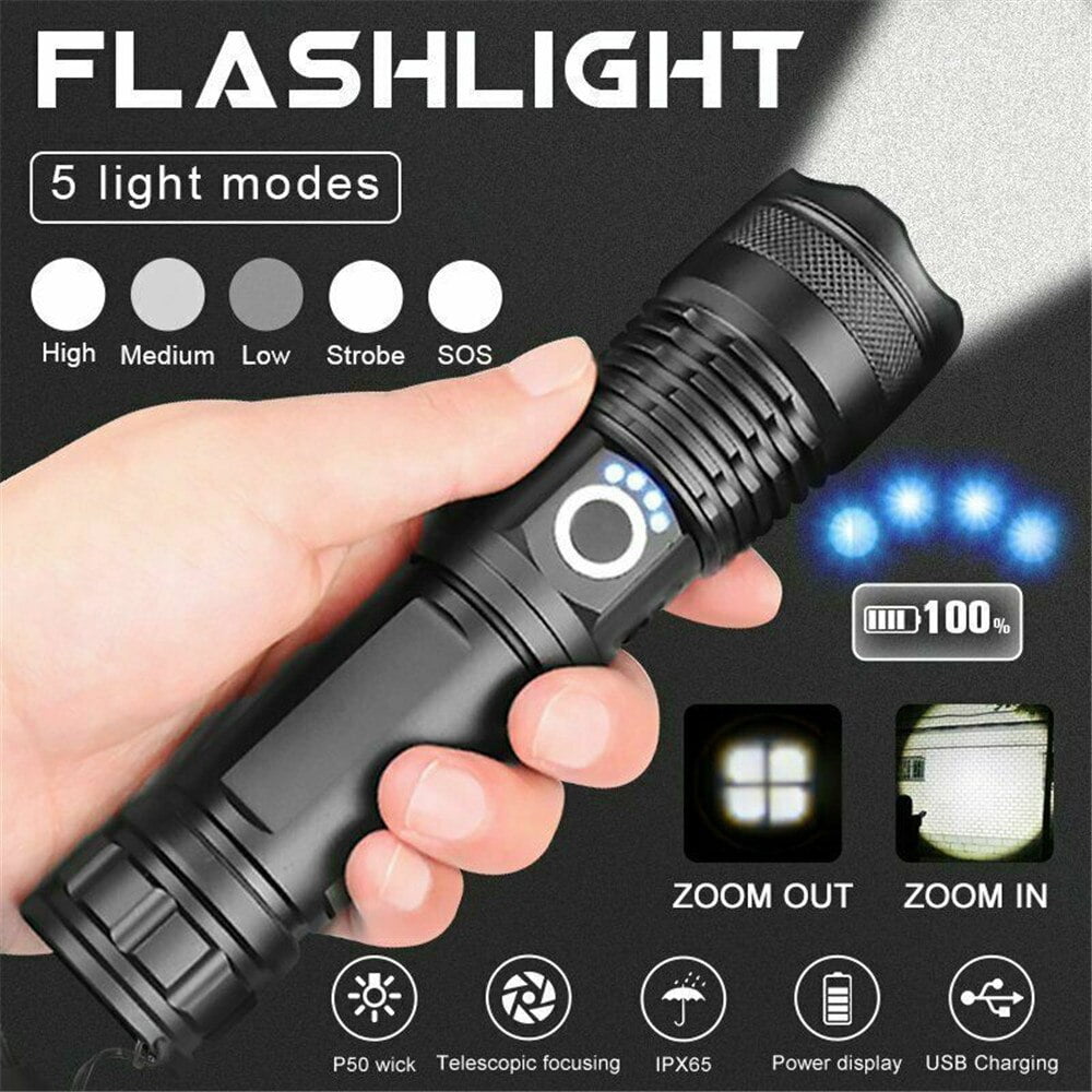 Tactical 90000LM XHP70 Zoom LED USB Rechargeable Flashlight Hunting Torch EM 
