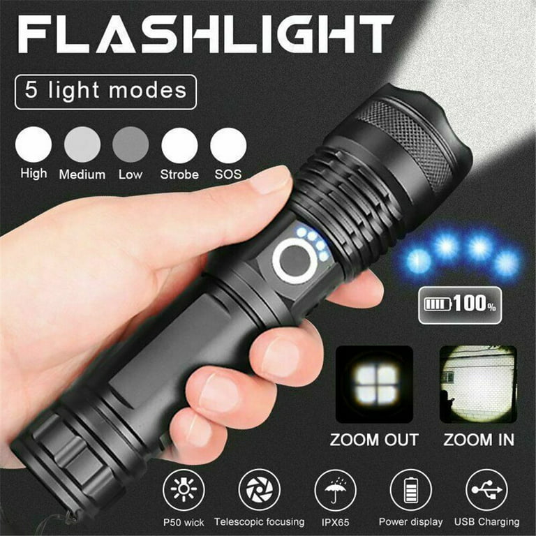 90000 Lumens Powerful Flashlight, USB Rechargeable Waterproof XHP70 Searchlight Super Bright 5 Modes LED Flashlight Zoom Bar Torch for Hiking Hunting