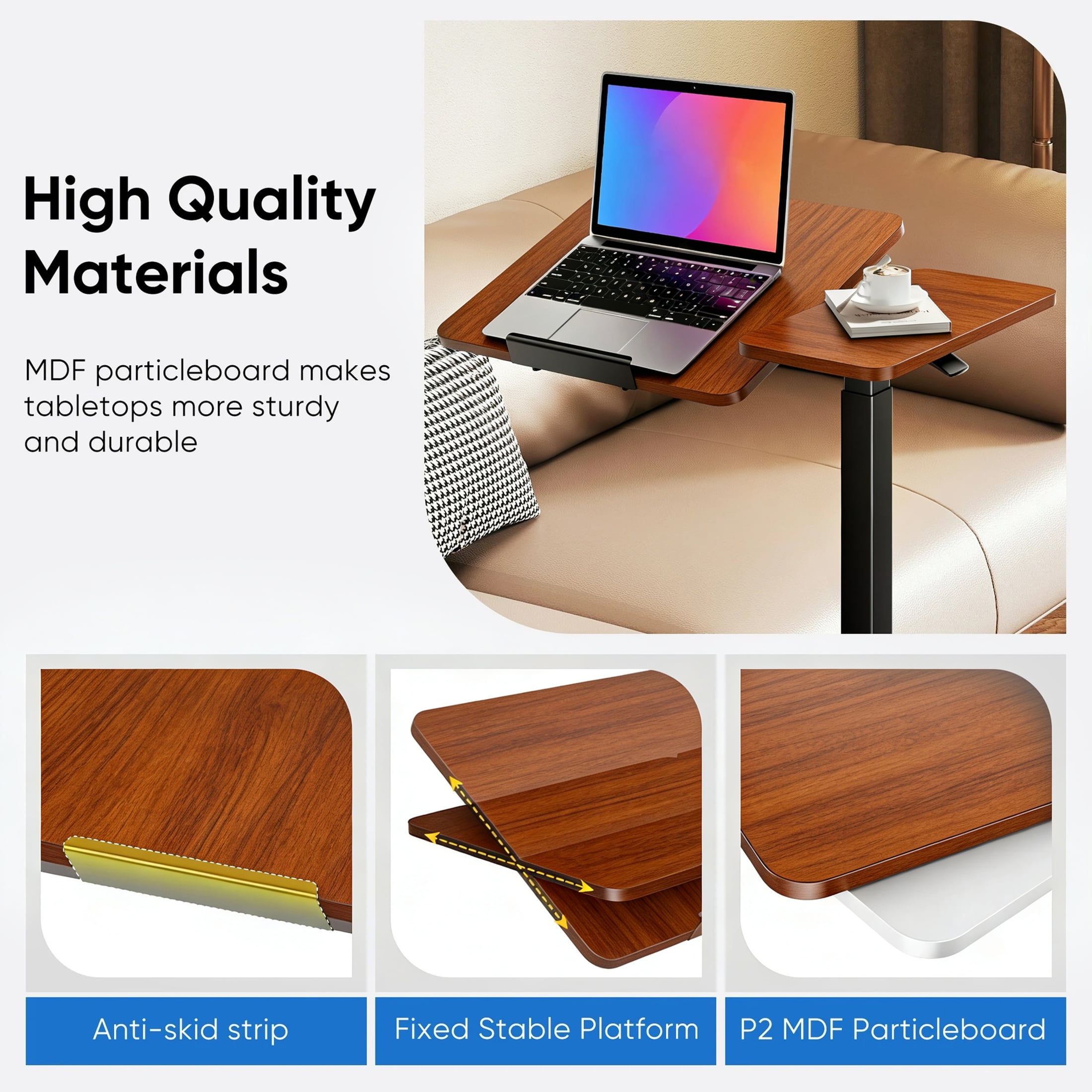 ZUNMOS Overbed Bedside Lap Desk with Wheels and Tilt Top, Mobile Standing Lap Desk Pneumatic Adjustable Height for Home Office Bedroom Sofa, Brown