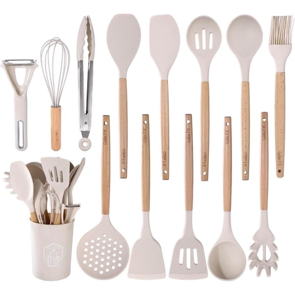 Silicone Kitchen Utensils Set 14pcs Heat Resistant BPA Free Cooking Tools With Wooden Handles Safe For Nonstick Cookaware Beige