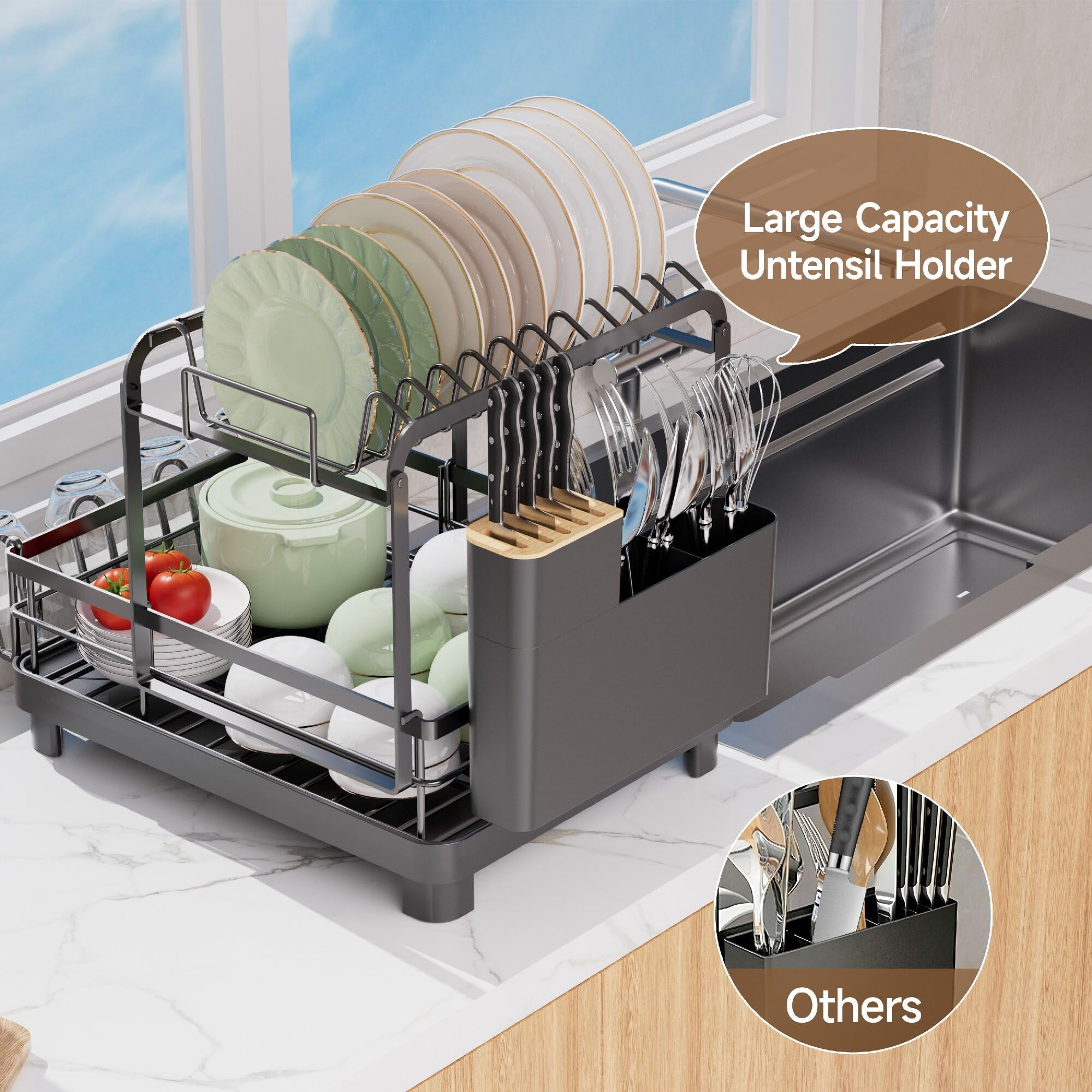 2-tier Dish Drying Rack  Large With Drainboard Set Detachable 4-in-1 Capacity Drainer Over The Sink Anti-rust For Kitchen Counter Black