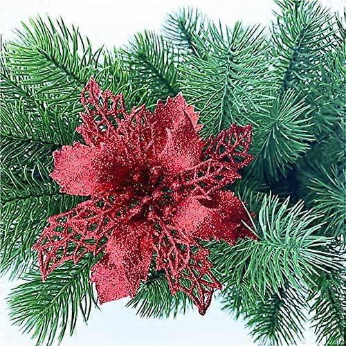 12 Pieces Glitter Christmas Tree Decoration, Christmas Tree Decoration Ornament Christmas Flower Decor, Christmas Tree Pendant (Red, 16 cm)