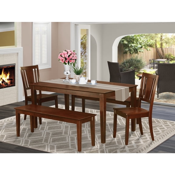 East West Furniture Kitchen Table With Bench-Kitchen Table, Chairs And Bench-Finish:Mahogany,Number of Items:5,Shape:Rectangular,Style:Wood Seat