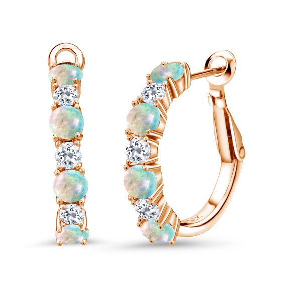 Gem Stone King 18K Rose Gold Plated Silver White Opal and White Topaz Hoop Earrings for Women (2.84 Cttw, Gemstone October Birthstone, Round Cabochon 4MM and 3MM)