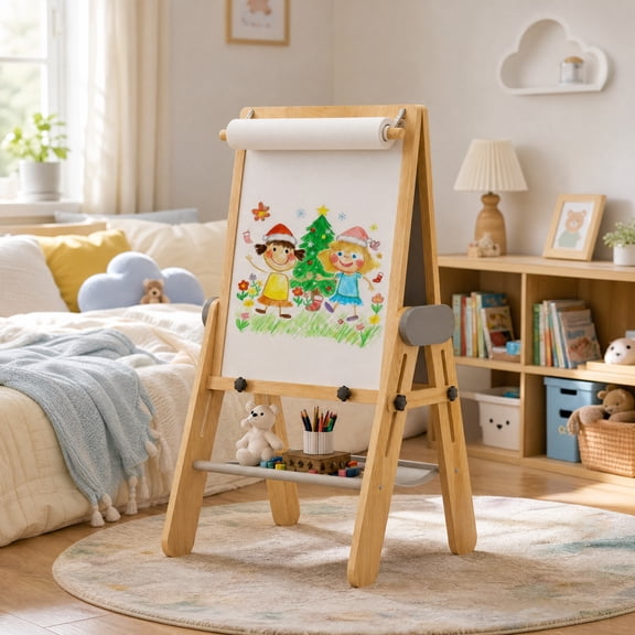 Benarita Wooden Folding Art Easel for Kids, Double-Sided Magnetic Board, Height Adjustable Drawing Board Gift for Boys Girls