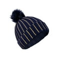 thumbnail image 2 of Women's Cable Knit Winter Warm Pom-Pom Knit Beanies with Rhinestone Accent Design, Navy / Gold, 2 of 3