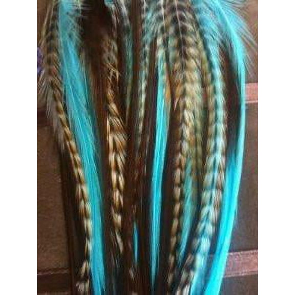 Sexy Sparkles Turquoise with Brown Grizzly Feathers for Hair Extensions Bonded Together At the Tip Salon Quality Feathers - 4-6", 5 Feathers