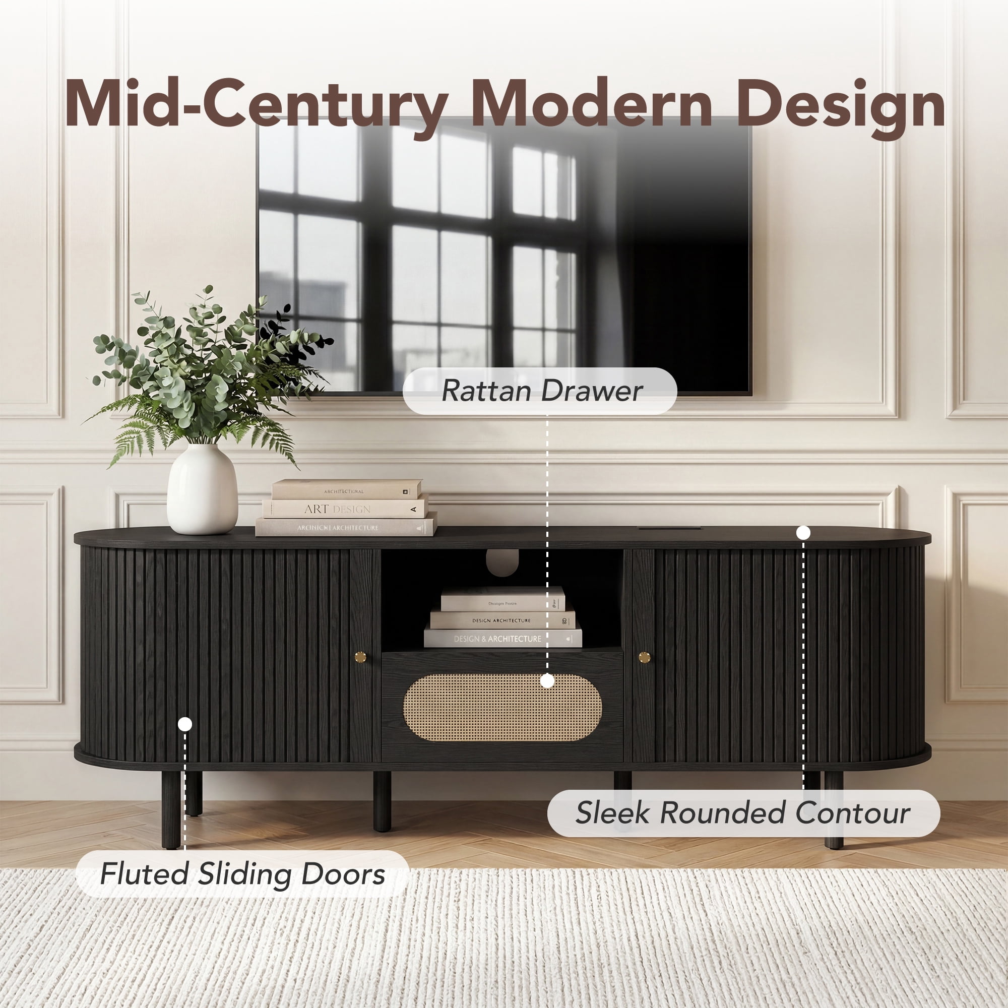 Spruce & Spring Tambour TV Stand with Power Outlet, Mid-Century Modern Entertainment Center, Rattan Drawer & Fluted Sliding Doors, Solid Wood Legs & Cable Management, Black, for TVs up to 80 Inch