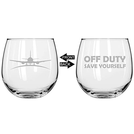 

Wine Glass for Red or White Wine Two Sided Off Duty Save Yourself Airplane Pilot Flight Attendant (16 oz Stemless)