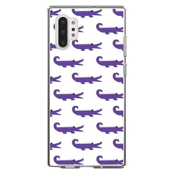 DistinctInk Clear Shockproof Hybrid Case for Galaxy Note 10 PLUS (6.8" Screen) - TPU Bumper, Acrylic Back, Tempered Glass Screen Protector - Purple White Alligators - Cartoon Alligators