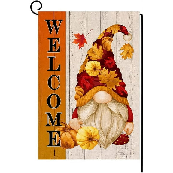 Shmbada Welcome Fall Gnome Small Garden Flag 12x18 Inch Vertical Double Sided Autumn Halloween Thanksgiving Pumpkin Burlap Yard Outdoor Decor