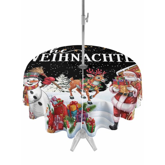 Outdoor Tablecloth with Umbrella Hole and Zipper, Black Christmas Round Table Cloth 54 Inch Waterproof Tablecloth, Santa Snowman Snowflake Gifts Elk Picnic Table Cover for Patio Camping